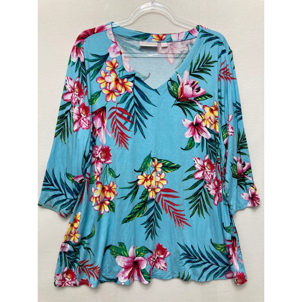 Belle by Kim Gravel Top 1X Blue Floral Tropical V-Neck 3/4 Sleeve Jersey Knit